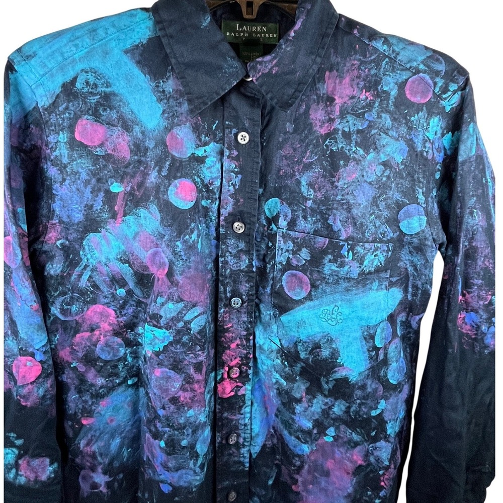 Lauren Ralph Lauren Petite Linen Paint Splatter Button Down PS Raw Hem Upcycled